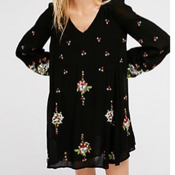 Embroidered Long-Sleeve Mini DRESS Black Blue NEW - Picture 5 of 7